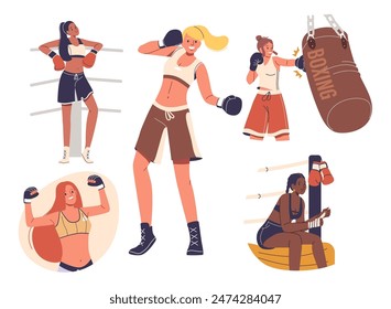 Women Engaged In Boxing Practice And Training Routines. Cartoon Illustration Shows Different Boxing Activities