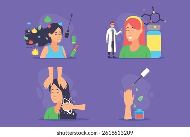 Women engaged in various beauty treatments, from hair washing to skincare routines. Doctor providing guidance on healthy practices. Self-care activities and wellness concept