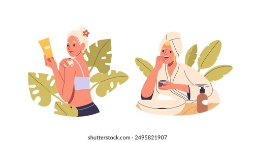 Women Engaging In Self-care Routines. One Is Applying Lotion And The Other Is Enjoying A Mask, Emphasizes Relaxation