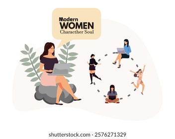 Women engaging in various activities, emphasizing character and individuality. Vibrant and diverse roles reflecting contemporary female expressions. Flat vector modern illustration 