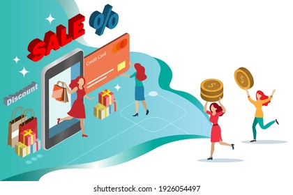 Women enjoy online shopping during sale and discount promotion with credit card on smart phone. Customer more convenient to arrange payment on internet banking. Financial technology concept.Isometric.