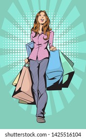 Women enjoy shopping, big discounts, buying products and gifts.She carried a paper bag filled with both hands.Pop art retro vector illustration vintage kitsch