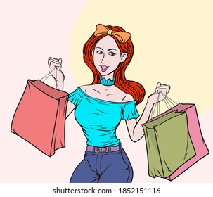 Women enjoy shopping, big discounts, buying products and gifts.She carried a paper bag filled with both hands. Pop art  hand drawn style vector design illustrations.