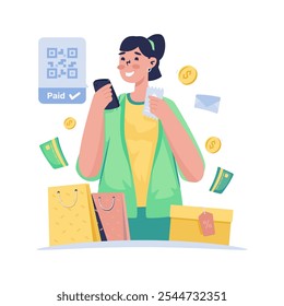 As mulheres gostam de comprar com transações de pagamento digital, pagamento de código QR pago com sucesso, ilustração Vetor