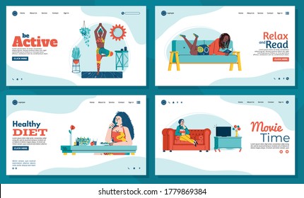 Women enjoy their leisure time: yoga, meditation, reading books, diet food and watching movies. Flat line vector illustration for web design. Set of landing page templates.