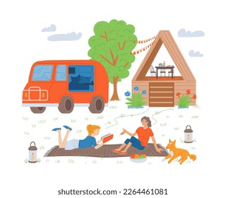 Women enjoy vacation in glamping or camping comfort, flat vector illustration isolated on white background. Camping or glamping, accommodation in car camping.