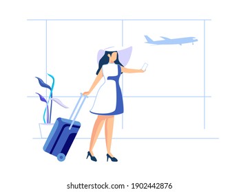 Women enjoy vacations and adventures by taking pictures. Female character concept in flat style. Vector illustration.