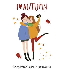 women enjoying autumn, girls, selfie, best friends. autumn design template, for card, poster, flyer, web and other users