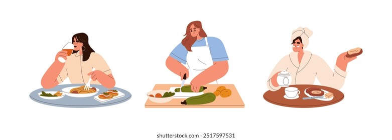 Mujeres disfrutando comer y beber, preparando comida en casa. Comer por la mañana, desayunar, cenar con vino, cocinar, sentarse a la mesa. Conjunto de Ilustraciones vectoriales planas aisladas sobre fondo blanco