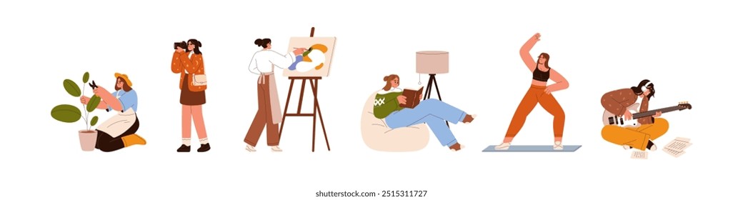 Women enjoying leisure activities, creative hobbies set. Girls during gardening, photography, painting, reading book, sport, exercising and music. Flat vector illustration isolated on white background