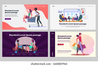 Women enjoying leisure time set. Shopping together, eating in cafe. Flat vector illustrations. Friendship, communication, activity concept for banner, website design or landing web page