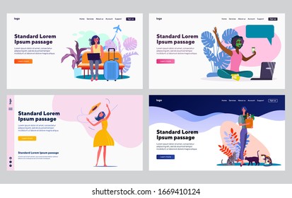 Women enjoying leisure time set. Tourist in airport, facial mask, food shopping, walking. Flat vector illustrations. Lifestyle, weekend, vacation concept for banner, website design or landing web page