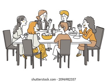 Women enjoying meals and conversations at a restaurant Scene of a girls-only gathering at a restaurant Illustration of a loose line drawing
