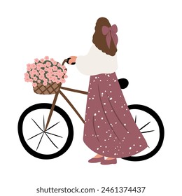 Women enjoying nature set. Women walk park paths, feed deer, cycle with flowers, sit on benches surrounded by blossoming trees, meadows, mountain and wildlife. Flat vector illustrations clipart.