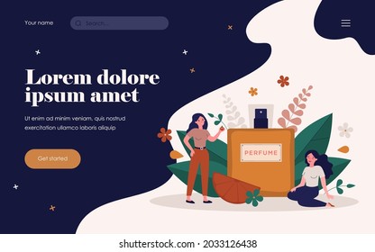 Women enjoying perfume smelling, sitting and standing near spray flask of deodorant with flower fragrance. Vector illustration for aroma, perfumery shop, cosmetics concept.