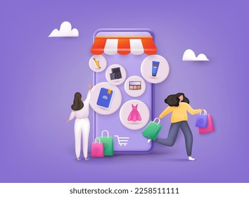 Women enjoying shopping.Online shopping on application and website concept, digital marketing online, shopping cart with new items on smartphone screen. 3D Web Vector Illustrations.