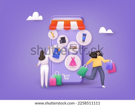 Women enjoying shopping.Online shopping on application and website concept, digital marketing online, shopping cart with new items on smartphone screen. 3D Web Vector Illustrations.