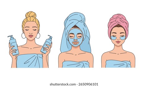 Women enjoying skincare routines at home with beauty products and face masks