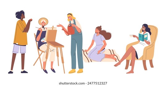 Women Enjoying Various Indoor Activities. Characters Painting, Reading And Relaxing Together In A Cozy Country Setting