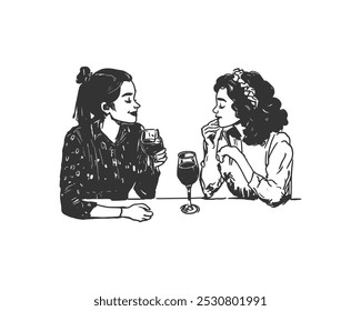 Women Enjoying Wine and Conversation. Line Art Illustration. Black and white line art of women sharing a casual conversation over wine. friendship, socializing moments in minimalist, hand-drawn style.