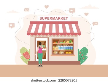 Mujeres entrando en la primera plana del supermercado. diseño de caricaturas lindas de supermercado. ilustración vectorial exterior de tienda de comestibles minoristas. diseño de tienda