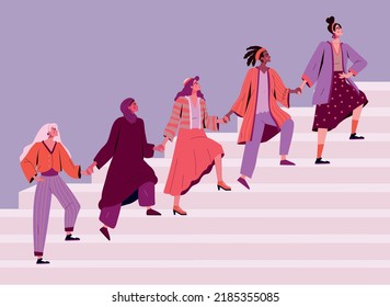 Women Entrepreneurs, Leadership And Sisterhood. Black And Arab Female Women Empowerment, Strong Business. Multiethnic Group Of Girls Climb Stairs. Feminism Concept, Vector Illustration