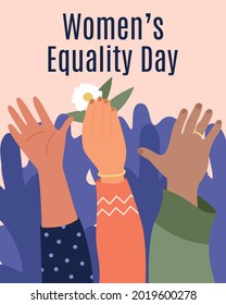Women Equality Day. Women's hands go up and vote for freedom and equality of women on a pink background and calligraphy. Women, Women's Rights, International Women's Day, 8 March. Vector flat 