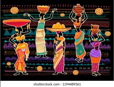 Women in ethnic dress on ornament background