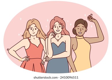 Las mujeres se visten por la noche posando antes de ir a un evento festivo o fiesta para los empleados de la empresa. Hermosas amigas o modelos están de pie con ropa de moda y sonrientes. Diseño vectorial plano