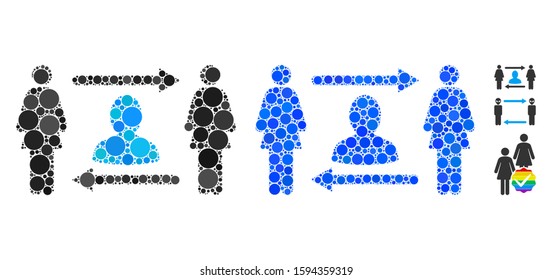 Women exchange friend mosaic of filled circles in variable sizes and color tones, based on women exchange friend icon. Vector filled circles are grouped into blue mosaic.
