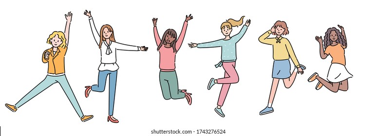 The women are excitedly jumping. hand drawn style vector design illustrations. 