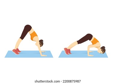 Women exercise with a shoulder push up pose on the blue yoga mat. Illustration about top body workout targets the shoulders more than the chest.