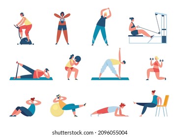 Women exercise with sports equipment, working out at home or gym. Female characters doing squats, practicing yoga, fitness training vector set. Girls doing pilates, lifting weight in sportswear