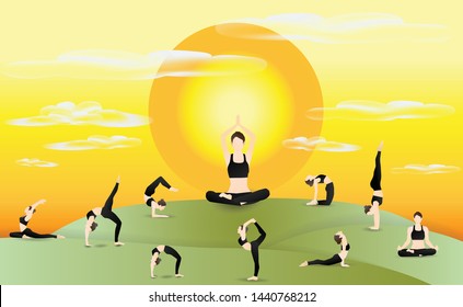 Women exercise yoga postures in various positions with elements of the sun, mountains and sky. -vector