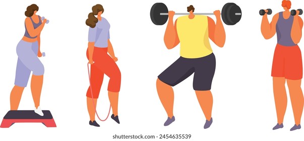 Women exercising aerobics resistance bands while man lifts weights, fitness workout routine. People engaging gym activities, wearing athletic clothing, diverse body workout, strength training