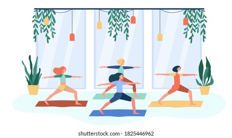 Women exercising in fitness club, attending yoga class, standing in warrior pose on mat. Flat vector illustration for physical activity, gymnastics, lifestyle concept