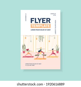 Women exercising in fitness club, attending yoga class, standing in warrior pose on mat. Flat vector illustration for physical activity, gymnastics, lifestyle concept