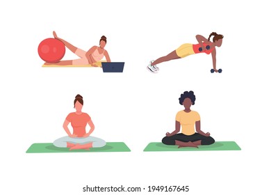 Women exercising flat color vector faceless character set. African american girl meditating, Workplace workout isolated cartoon illustration for web graphic design and animation collection