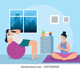 women exercising in the house scene vector illustration design