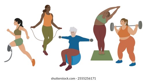 Women exercising isolated vector. Women in fitness collection illustration 