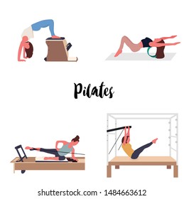 Women exercising pilates with equipment