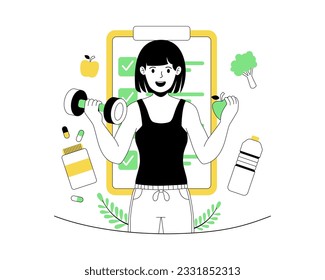Women exercising and planning diet with fruits and vegetables
