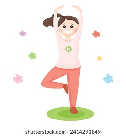 Women are exercising. Standing on one leg and holding up arms, separate flat vector illustration on white background.