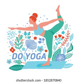 Women exercising yoga flat color trend vector. Do yoga meditation practice cartoon style. Exercise workout background. Healthy lifestyle morning fitness activities pictures.