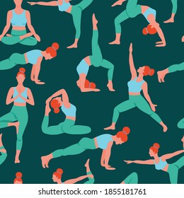 Women exercising yoga flat color trend vector seamless pattern on green. Do yoga meditation practice cartoon style. Exercise workout background. Healthy lifestyle morning fitness activities pictures.