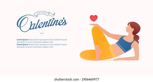 Women exercising in yoga pose or asana posture for happy Valentine’s Day banner template design.Girl doing yoga pose and heart icon on her hand. Cartoon Flat design Vector Illustration
