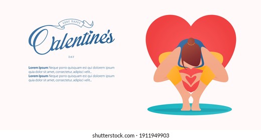 Women exercising in yoga pose or asana posture for happy Valentine’s Day banner template design.
Girl doing yoga pose with heart shaped hand with heart icon on background. Vector Illustration