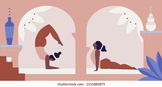 Mujeres ejerciendo la ilustración vectorial del yoga. Yogis en poses, mujeres practicando textura asanana. Entorno relajante. Concepto de meditación. Hermosa habitación y plantas. Caricatura de estilo plano. Estilo de vida saludable