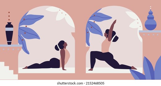 Women exercising yoga vector illustration. Yogis in poses, women practicing asana texture. Relaxing environment. Concept of meditation. Beautiful room and plants. Cartoon flat style. Healthy lifestyle