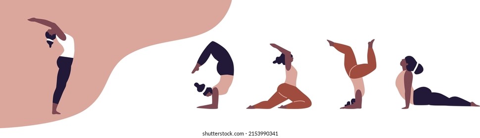 Women exercising yoga vector illustration. Yogis in poses meditation vector logo illustration. Inspirational Yoga art. Yoga logo, boho print, poster. Cartoon flat style. Isolated hand drawn objects